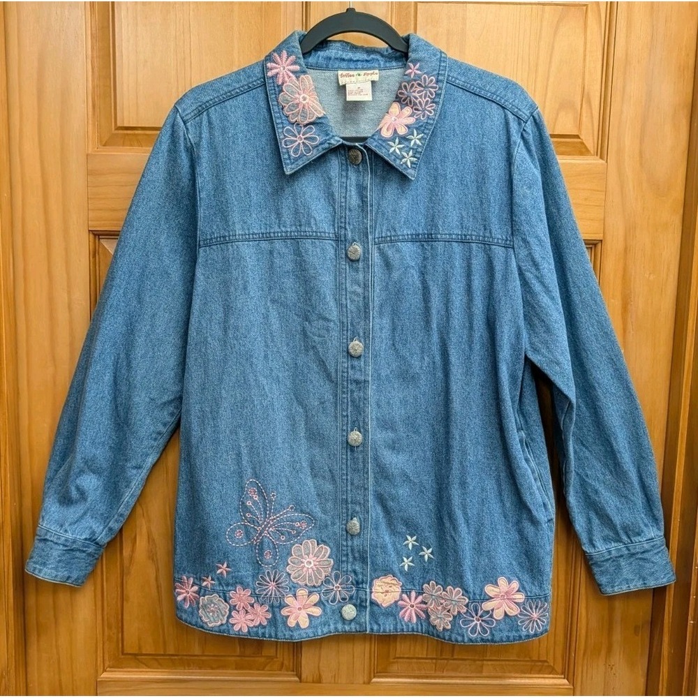 Toffee Apple Women's Medium Blue Denim Jacket Embroidered Applique Pockets Y2K